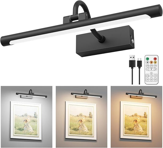 Aipsun 15.7" Black Picture Lights for Wall Rechargeable,10000mAh Battery Operated Art Light for Paintings,3CCT Dimmable, Rotatable Gallery Light for Pictures Display