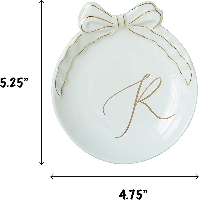 COLLECTIVE HOME - Personalized Initial Ceramic Jewelry Tray with Bow, Christmas Gift Ideas for Women, Small Gift for Girlfriend Wife, Ring Holder, Earrings Dish, Birthday Gift for Her (R)