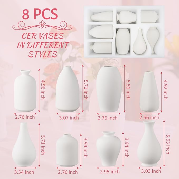 8 Pack Ceramic Bud Vase, White Ceramic Vase Modern Mini Bud Vase in Bulk for Centerpieces, Small White Vase for Flowers Pampas Grass, Wedding, Home