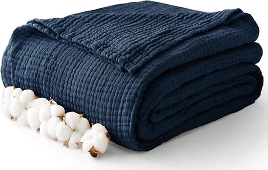 100% Cotton Muslin Blanket King 108" x 90", 6 Layers Breathable and Lightweight Cotton Throw Blanket for Bed, Soft Quilt Bedspread Coverlet, Gauze Blanket for Adults All Season, Navy
