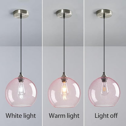 Pink Glass Pendant Lights Kitchen Island Globe Pendant Light Fixtures Modern Pendant Lighting for Bedroom Living Dining Room Light Fixture (9.84 in, 1 Pack)