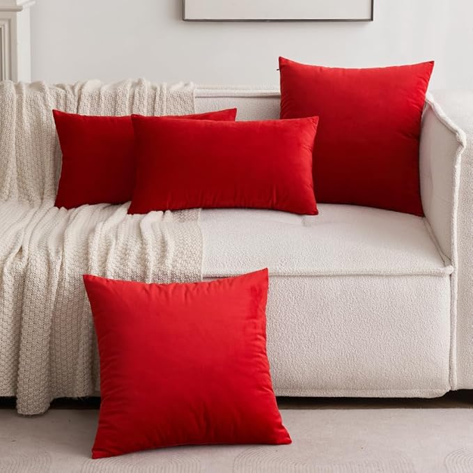 MIULEE Velvet Throw Pillow Covers 12x20 Inch, Pack of 2 - Bright Red, Soft Solid Lumbar Decorative Pillow Covers Modern Luxury Home Decor for Chair Couch Sofa Bedroom Livingroom