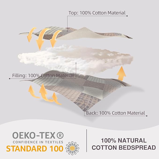 EWlinens 100% Cotton 120"x128" Oversized California King Bedspread - Farmhouse Extra Large Quilt Bedding Set, All Season Cal King Diamond Patchwork Plaid Striped Quilts, 3pcs, Walnut/Brown/Gray/Beige