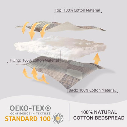 EWlinens 100% Cotton 120"x128" Oversized California King Bedspread - Farmhouse Extra Large Quilt Bedding Set, All Season Cal King Diamond Patchwork Plaid Striped Quilts, 3pcs, Walnut/Brown/Gray/Beige