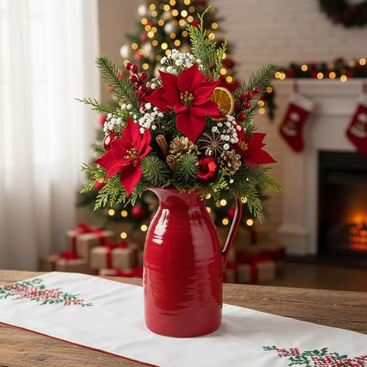 hjn hjn Farmhouse Pitcher Vase for Flowers- Ceramic Pitcher Vase Red Decorative Pitcher for Your Kitchen/Home Decor/Office/Living Room/Bookshelf/Mantel/-Red