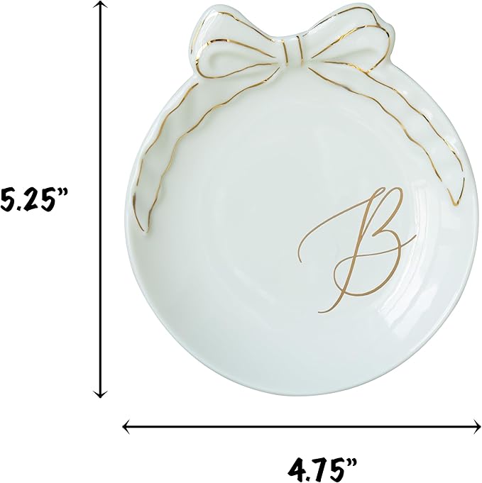 COLLECTIVE HOME - Personalized Initial Ceramic Jewelry Tray with Bow, Christmas Gift Ideas for Women, Small Gift for Girlfriend Wife, Ring Holder, Earrings Dish, Birthday Gift for Her (B)