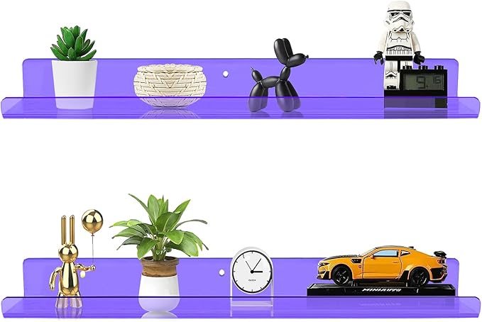 ROYALITA 24 Inches Acrylic Floating Book Shelves Wall Mounted Set of 2, Wall Hanging Plant Display Shelves, Room Decor Floating Wall Shelves for Gaming Room, Bedroom, Living Room, Office, Purple