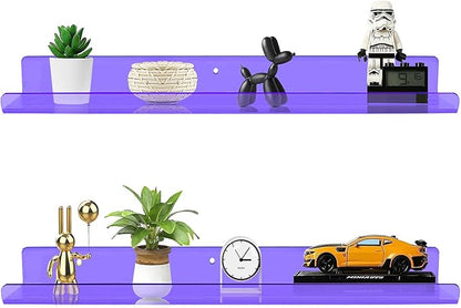 ROYALITA 24 Inches Acrylic Floating Book Shelves Wall Mounted Set of 2, Wall Hanging Plant Display Shelves, Room Decor Floating Wall Shelves for Gaming Room, Bedroom, Living Room, Office, Purple