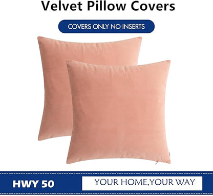 HWY 50 Dusty Pink Velvet Throw Pillow Covers 18x18 Inch, Pack of 2 Soft Cozy Solid Decorative Luxury Cushion Cases for Couch Sofa Bed Living Room Bedroom