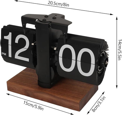 Retro Flip Clock Vintage, Digital Flip Desk Clock Black, Gear Flipping Clock, Mechanical Page Turning with Black Walnut Base for Home, Office, Room Decoration