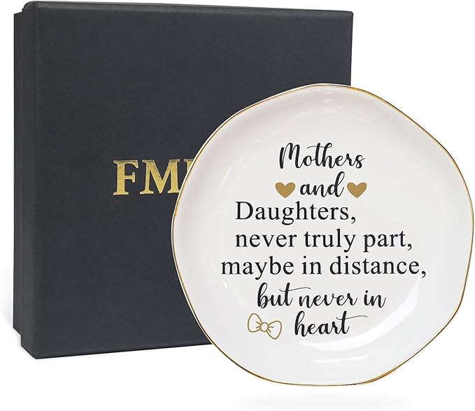 Fmeida Mother Gifts from Daughter - Mothers & Daughters never truly part maybe in distance but never in heart Jewelry Tray, Ceramic Ring Dish Christmas Gifts for Mom Birthday Thanksgiving Mother's Day