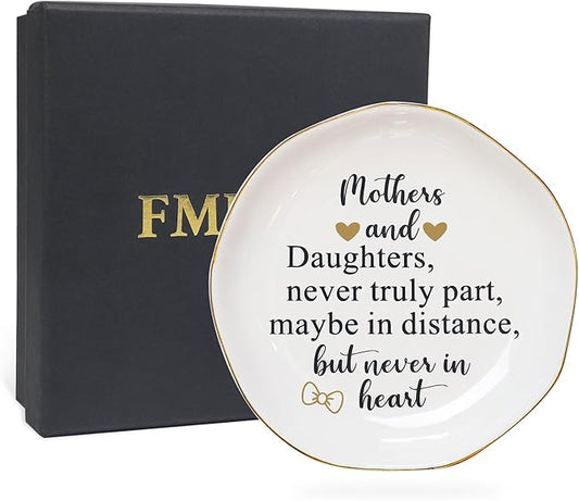 Fmeida Mother Gifts from Daughter - Mothers & Daughters never truly part maybe in distance but never in heart Jewelry Tray, Ceramic Ring Dish Christmas Gifts for Mom Birthday Thanksgiving Mother's Day