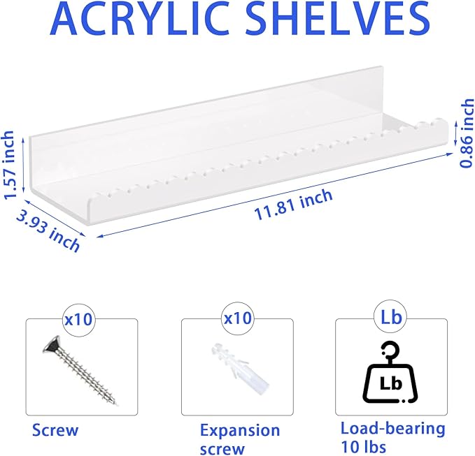 Acrylic Floating Shelves, 4 Pack 12 Inch Glossy White Scalloped Edge Wall Mounted Floating Shelves, Invisible Bathroom Shelf, Adjustable Pop Book CD Shelf for Home Deco (White Scalloped Edge 4 Pack)