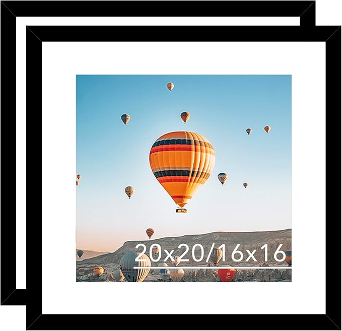 20x20 Picture Frame Set of 2 Black with 16x16 Mat, Display Photo 16x16 with Mat or 20 x 20 Without Mat, Wall Hanging Large 20x20 Poster Frame with Shatter Resistant Plexiglass, 2 Pack, Black