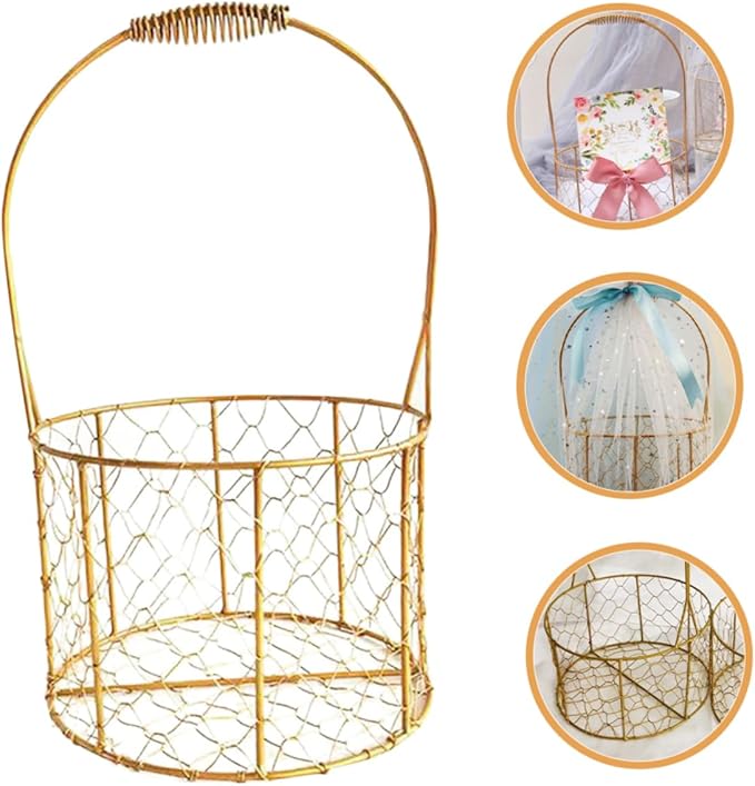 Zerodeko Decorative Iron Wire Basket with Handle Round Storage Basket for Wedding Home Organization Flower Girl Fruits and Elegant
