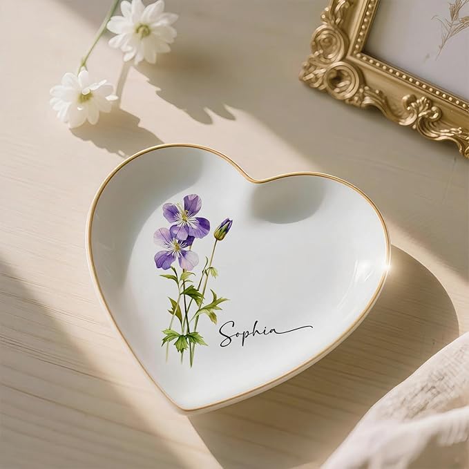 Personalized Birth Flower Ring Dish, Custom Floral Name Jewelry Dish, Trinket Tray for Women Bridesmaid Friends Sisters Fiance Bestie Gift For Birthday, Wedding, Engagement