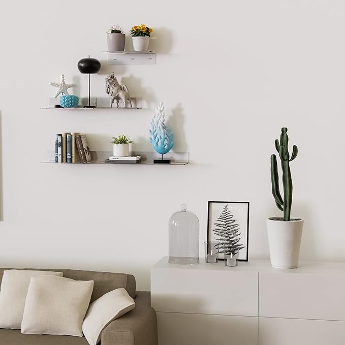 Sezanrpt Acrylic Wall Shelves 36 24 12 Inches, Clear Floating Shelf for Wall, Wall Mounted Display Shelves for Plants, Radio, Funko Pop, Stuffed Animal, Books, Clock, Cosmetics, Toiletries