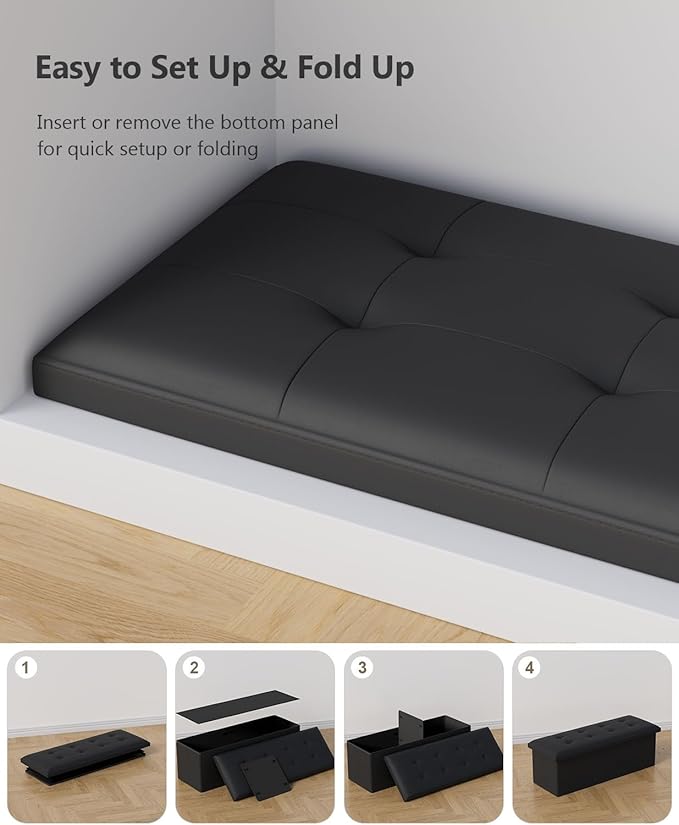 Folding Storage Ottoman Bench, Multi-Functional Ottoman Foot Rest, End of Bed Bench, Storage Chest for Living Room, Bedroom, Hallway, Entryway, Holds Up to 600 lbs (Black, 43 Inches)