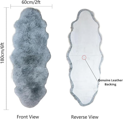 Woolous Gray Sheepskin Rug 2x6 ft - Genuine New Zealand Sheep Skin Runner Rug, Soft Thick Natural Double Pelt Rug for Bedroom, Living Room, and Bedside Decor