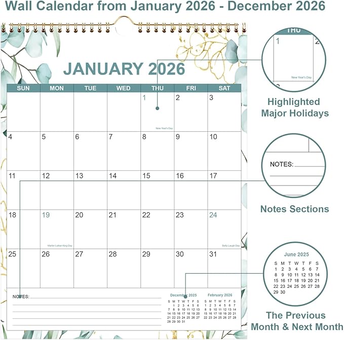 2026 Calendar - Calendar 2026 from January 2026 - December 2026, 12 Months Calendar/Planner with Thick Paper, 12" x 14.5", Vertical, Leaf