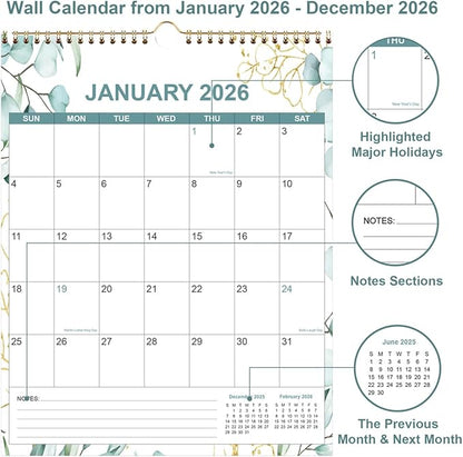 2026 Calendar - Calendar 2026 from January 2026 - December 2026, 12 Months Calendar/Planner with Thick Paper, 12" x 14.5", Vertical, Leaf