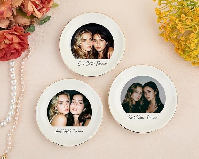Chillever Personalized Besties Photo Ring Dish, Custom Jewelry Dish Gift for Besties, Soul Sister Trinket Gift for Long Distance Friendship Women BFF Christmas Birthday Wedding Gifts DS3