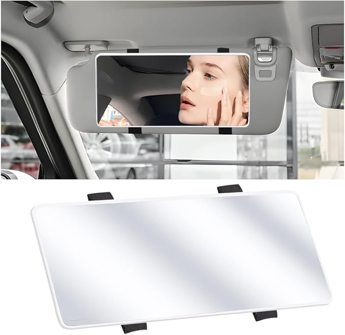 Car Sun Visor Vanity Mirror, Vehicle Sun-Shading Cosmetic Makeup Mirror with Straps, Large Automotive Interior Rear View Travel Accessories, Universal for SUV, Sedan, Truck(White)