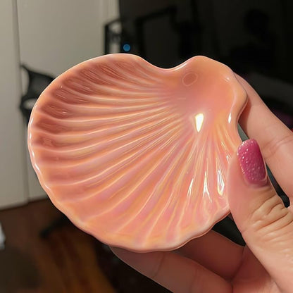 3.9" Shell-Shaped Ceramic Ring Dish - Pink Iridescent Surface Jewelry Tray, Decorative Trinket Organizer for Rings, Earrings, Necklaces & Keys - Ideal for Mom, Friend, Sister
