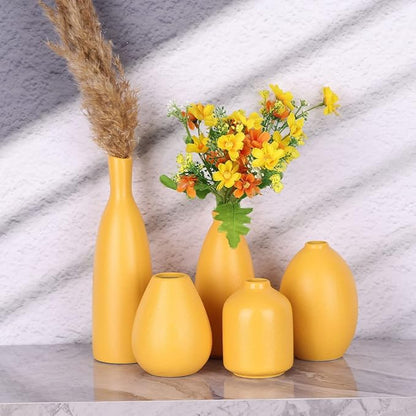 Yellow Ceramic Bud Vases Set of 5, Farmhouse & Fireplace Decor, Multipurpose Home Decoration for Living Room, Entrance, Bathroom, Kitchen & Office, Coffee Table Decor, Bulk Bud Vases