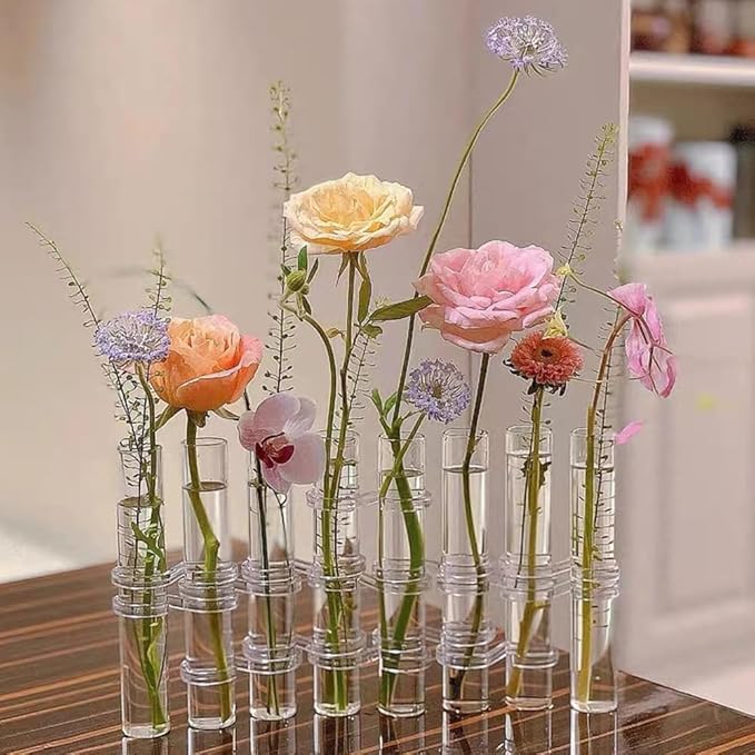 8PCS Test Tube Vases Decorative Glass Flower Vase Hinged Flower Vases Planter Flower Arranging Container Hydroponic Flower Holder Decor with 15PCS Hooks and 2PCS Brushes (VASES- A)