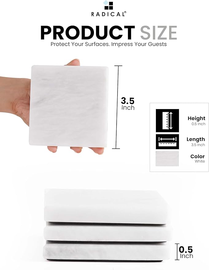 Radicaln Marble Coasters Square 3.5" Inches White Handmade Absorbent Stone Coaster Set for Drinks – Perfect for Kitchen Use, Set of 6 Coasters, Ideal Home Decor