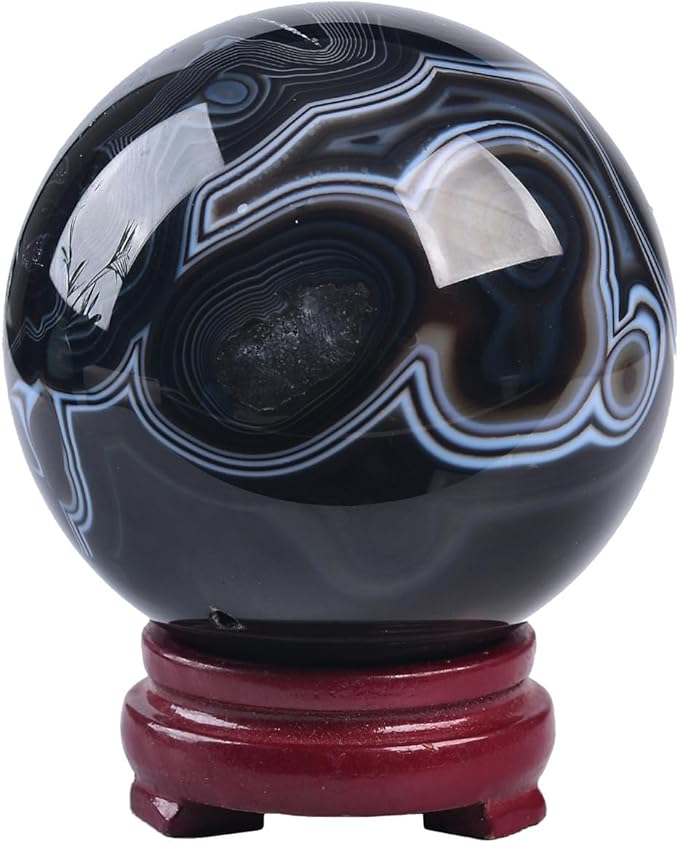 JIC Gem 3.1-3.5 inch(80-90mm) Large Black Onyx Agate Large Crystal Ball Round Healing Crystals Decorative Sphere with Wooden Stand Meditation Witchcraft Home Decor