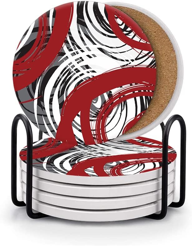 HUXJOKO Coasters for Drinks Set of 6,Red Spiral Design Absorbent Ceramic Coaster,Round Stone Mat,with Cork Base and Metal Holder for Coffee Table Room Bar Home Decor Housewarming Gifts