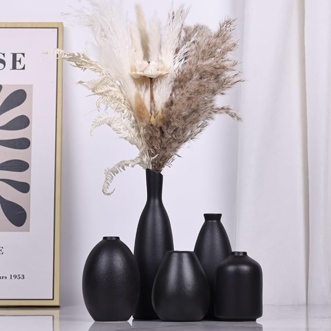 Black Ceramic Bud Vases Set of 5, Farmhouse & Mantle Decor, Home Decoration for Living Room, Kitchen & Office, Coffee Table Decor, Bulk Bud Vases