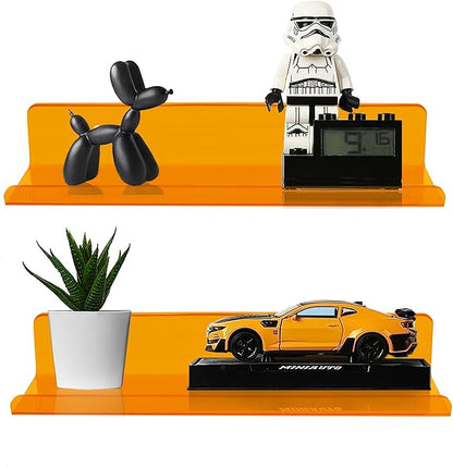 ROYALITA Small Acrylic Shelves Wall Mounted | Set of 2 | 12 Inches | Wall Hanging Plant Display Shelves, Room Decor Floating Wall Shelves for Gaming Room Bedroom, Living Room, Office, Orange