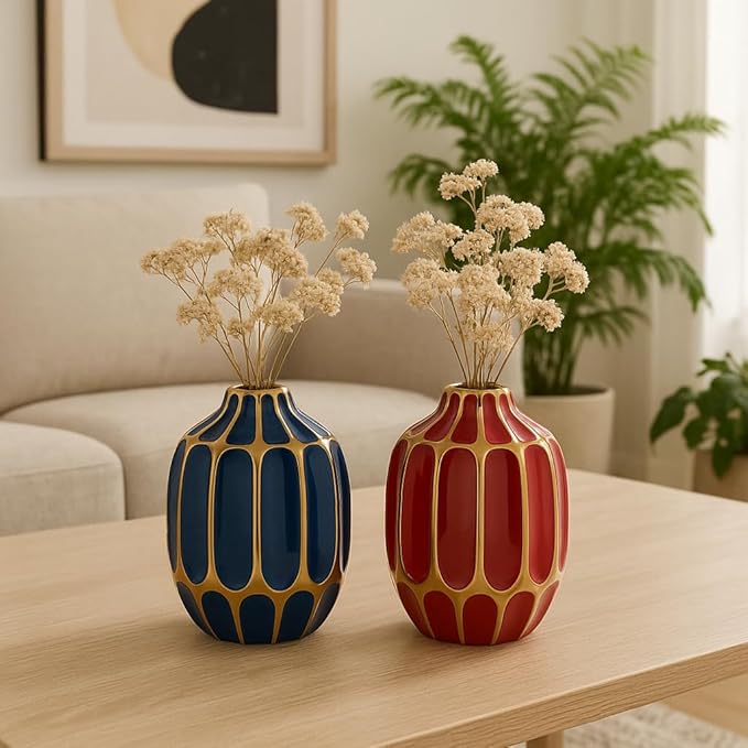 Elegant Ceramic Vase for Living Room Decor and Home Decor Accent - Modern Decorative Flower Vase for Room, Bedroom, or Office Desk - Designed for House and Table Decor - Set of 2, 5", Blue & Red