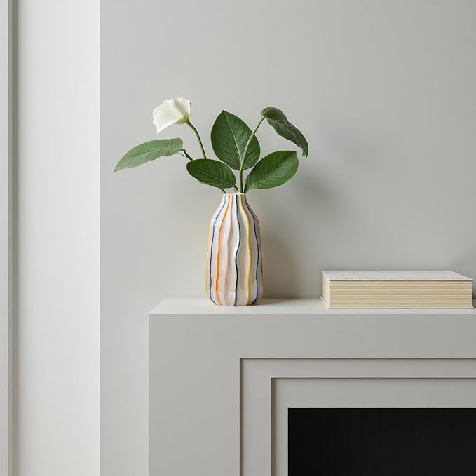Handmade Beige Ceramic Vase with Colorful Stripes,Modern Boho Home Decor Centerpiece, Unique Holiday&Housewarming Present for Women (A)
