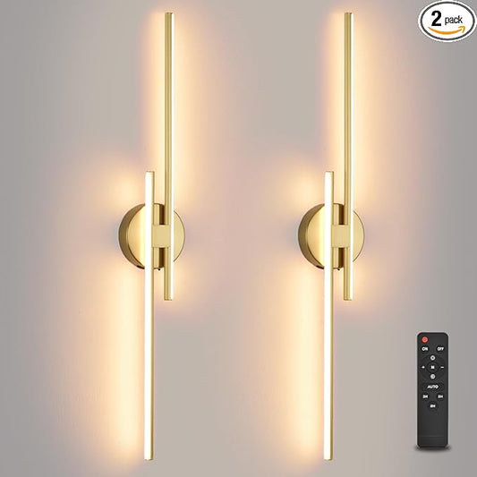 Battery Operated Wall Sconce Set of 2,Gold 31.4" 3000K-6500K LED Dimmable Wall Sconces with Remote Control,Wireless Wall Light USB Rechargeable for Bedroom Hallway Living Room Background Wall Lighting