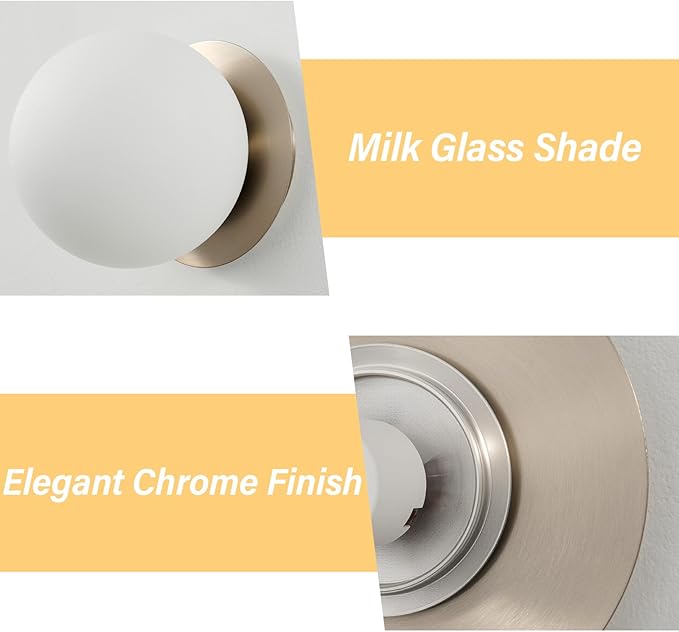 Modern Glass Globe Wall Sconce: Brushed Nickel Single Light with Milk Glass Shade - Minimalist Spherical Vanity Sconces over Mirror - Contemporary Ball Wall Lights Fixtures for Entryway Bulb Excluded
