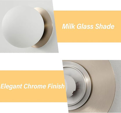 Modern Glass Globe Wall Sconce: Brushed Nickel Single Light with Milk Glass Shade - Minimalist Spherical Vanity Sconces over Mirror - Contemporary Ball Wall Lights Fixtures for Entryway Bulb Excluded
