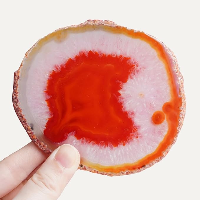 Natural Agate Coasters Set of 4 - Dyed Red Irregular Circle Stone Drink Coasters with Rubber Red 4-5" Unique Home Decor