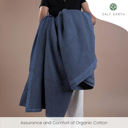 Salt Earth GOTS Certified 100% Organic Cotton Throw Blanket, 55" X 60" Waffle Blankets & Throws for Bed, Throw Blanket for Couch, Modern & Cozy Blanket, All Season Waffle Blanket, Soft Blanket (Navy)