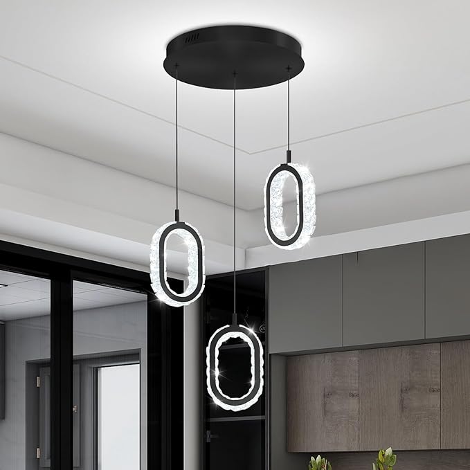 Oval Ring Chandelier Modern LED Pendant Lights for Kitchen Island Adjustable Crystal Ring Chandelier for Dining Room Bedroom Living Room 3-Light Black
