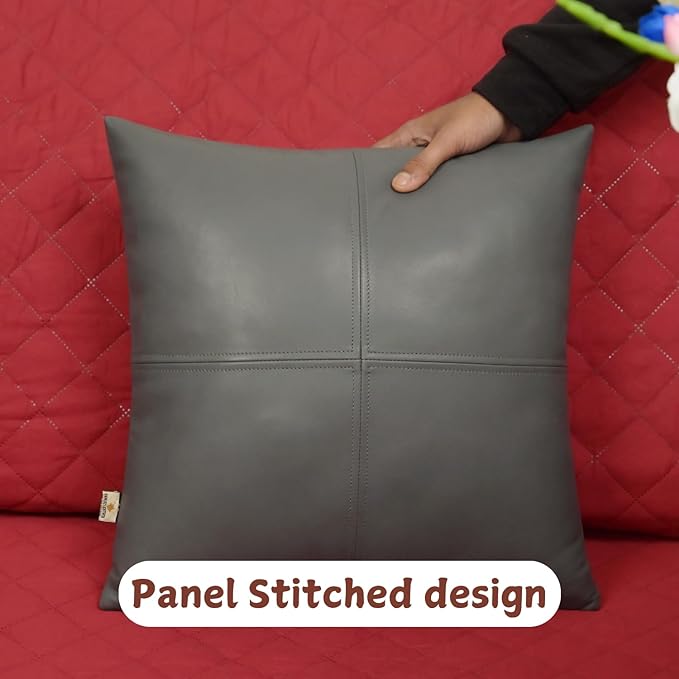 Lambskin Leather Pillow Cover, Hand Panel Stitched Leather Decorative Throw Pillow Covers for Couch Sofa Bed Living Room Garden (18x18 Inches, Grey Plain Pack of 2)
