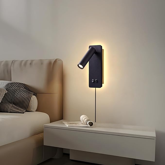 LED Reading Wall Lights for Bedroom, Backlight Night Wall Lamp, Plug in Cord Adjustable Wall Sconces, Book Reading Lamps, Backlight 3W+12W 3000k Warm Wall Light (Black)
