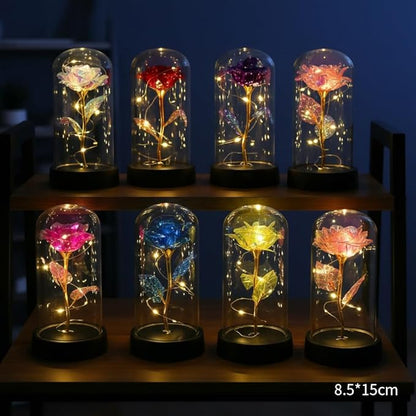 Preserved Fresh Flower in Glass Dome with LED Lights, Gold Stem Rose with Wooden Base, Romantic Home Decor Gift for Valentine's Day (A red rose as a gift for mom or a lover)