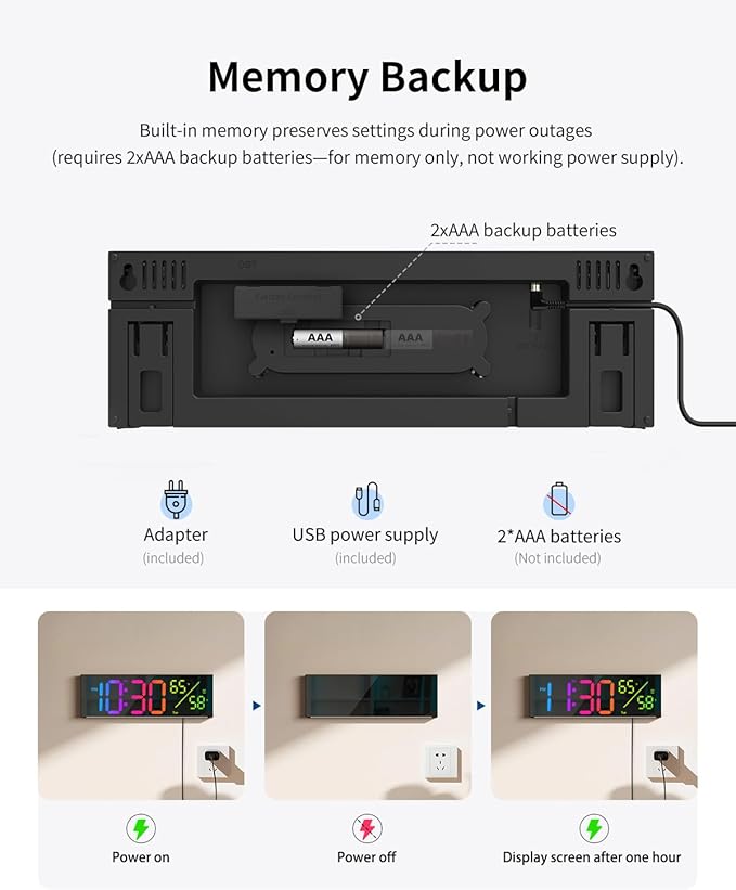 Digital Wall Clock, Large Display Digital Clock with 11 RGB Colors, Wall Clock with Night Light, Alarm Clock, Date, Week, Temp, DST for Living Room, Bedroom, Classroom Decor, Gift for Senior Mom Dad