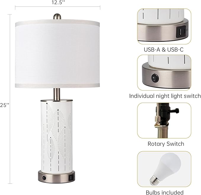 Ceramic Beautifully Engraved Decorative 25" Table Lamps Set of 2 with Nightlight,E26 Socket&Rotary Switch,USB A+C Ports,Modern Bedside Lamps for Nightstand,Bedroom(Bulbs Included)