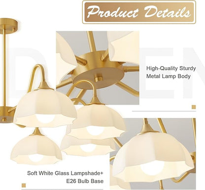 8 Lights Gold Sputnik Chandelier Light Fixture Large Mid Century Large Milk Glass Sputnik Pendant Lights Kitchen Island Modern Farmhouse Semi Flush Mount Chandelier Hanging Lamp MPL13-8 GD