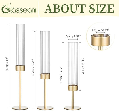 Gold Hurricane Taper Candle Holders: Glasseam 3Pcs Brass Candlestick Holders with Ribbed Glass Cylinder Cover Fluted Tall Candle Sticks Holder Decor for Table Centerpiece Wedding Christmas Decorations